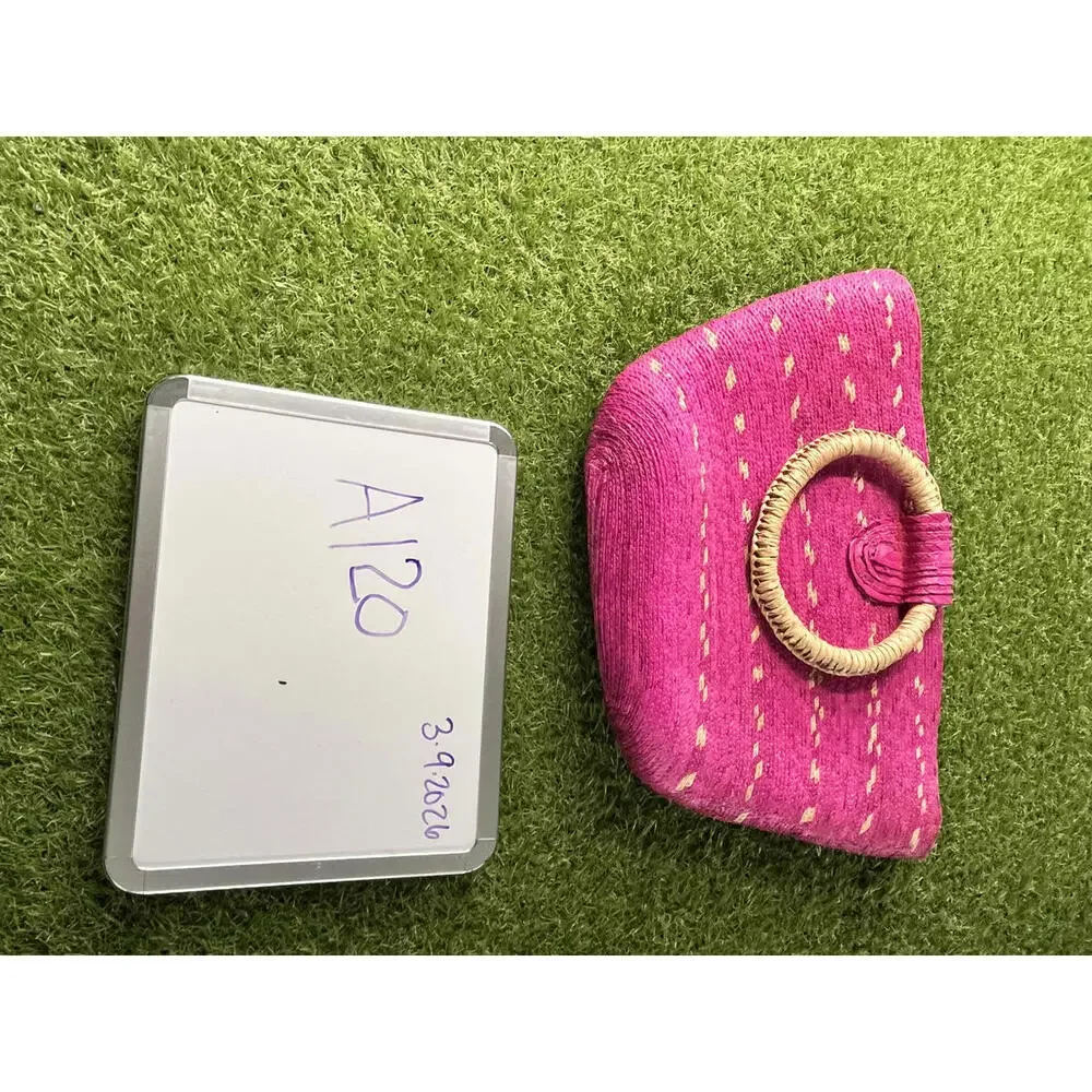 Pink Straw Handbag with Circular Handles‎ Beach Coastal Summer Spring